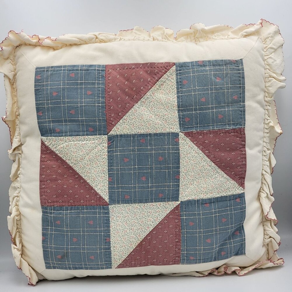 Vintage Quilted 90s 80s Throw Pillow Cottagecore Patchwork Design In Blue/Pink